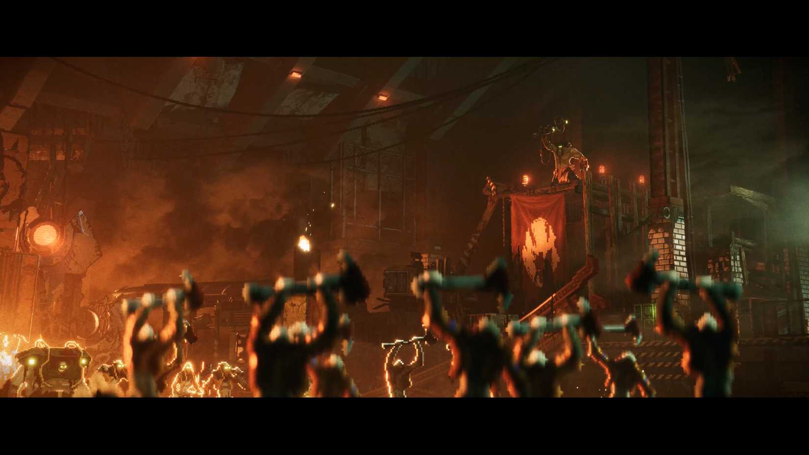 The leader of the Ticks holds a giant mace-like weapon as his followers also hold up their similar weapons in a cutscene from Replaced
