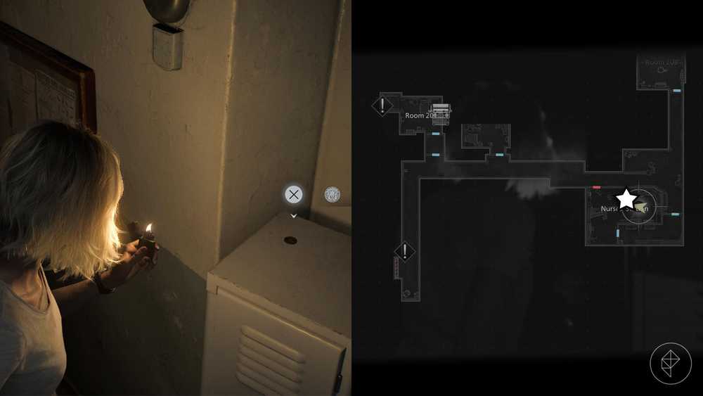 Uma montagem de duas imagens de Resident Evil Requiem mostrando a localização da Moeda Antiga número 1