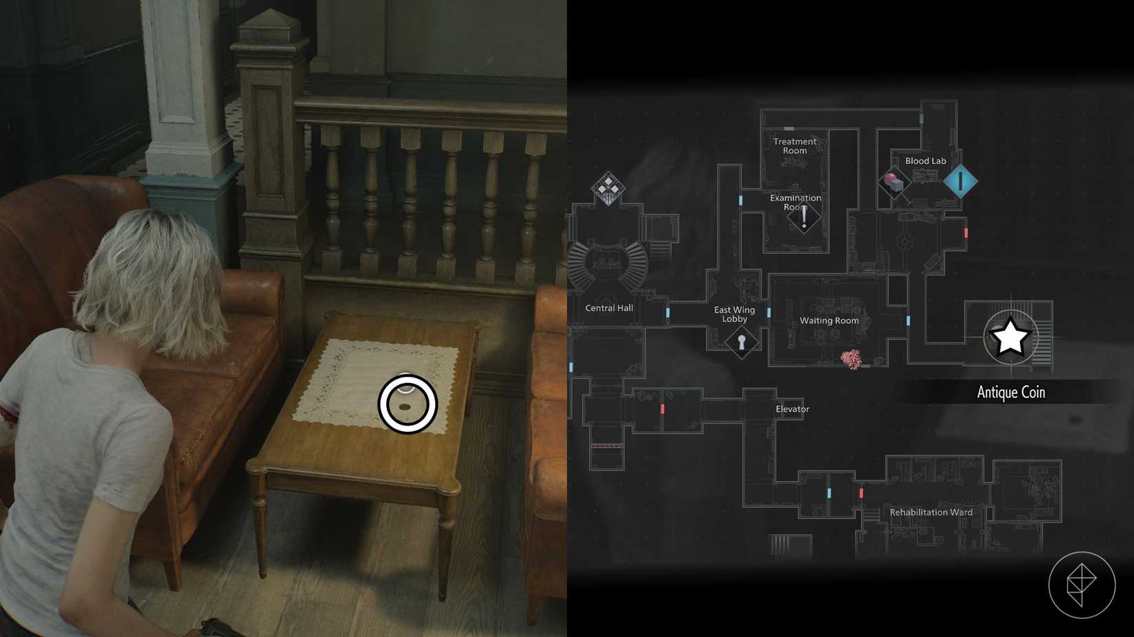 A montage of two Resident Evil Requiem images showing the location of the Antique Coin number 11