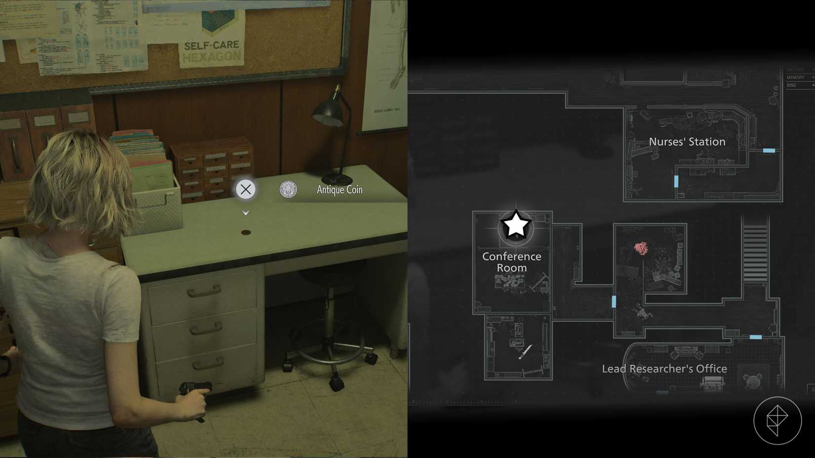 A montage of two Resident Evil Requiem images showing the location of the Antique Coin number 12