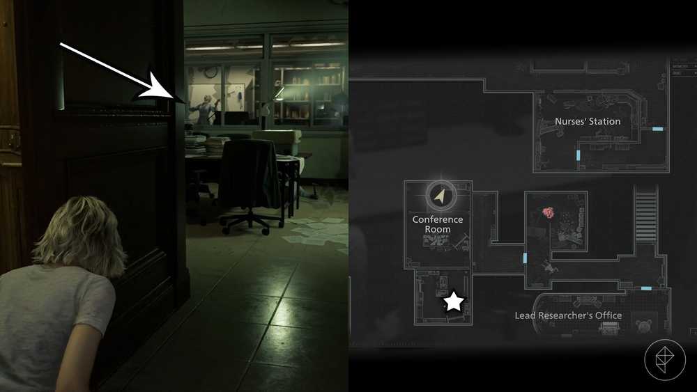 Uma montagem de duas imagens de Resident Evil Requiem mostrando a localização da Moeda Antiga número 13