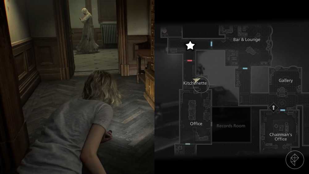 Uma montagem de duas imagens de Resident Evil Requiem mostrando a localização da Moeda Antiga número 14