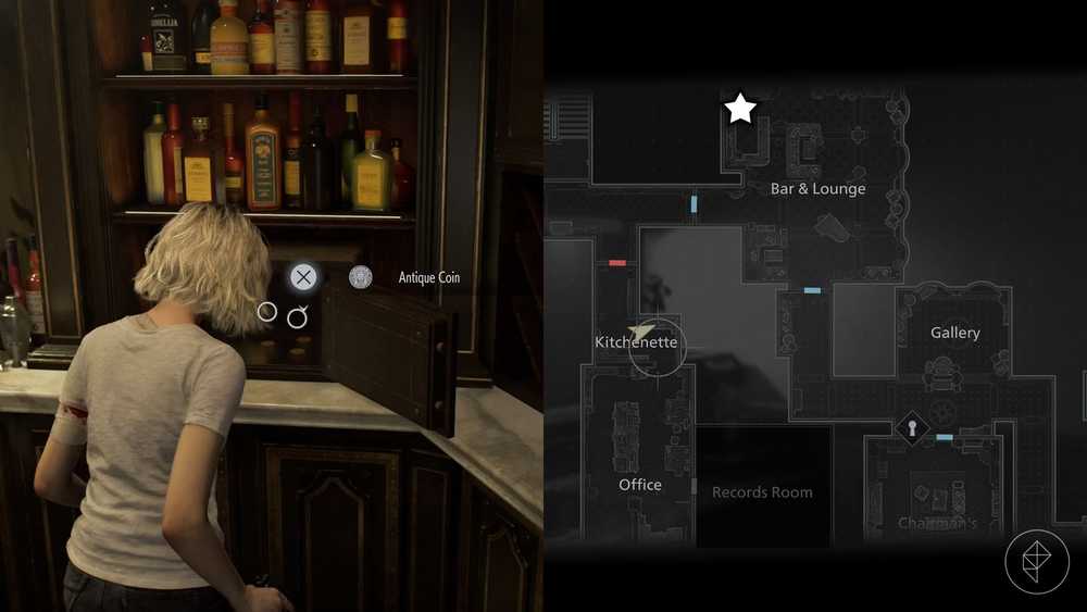 Uma montagem de duas imagens de Resident Evil Requiem mostrando a localização da Moeda Antiga número 15, 16 e 17