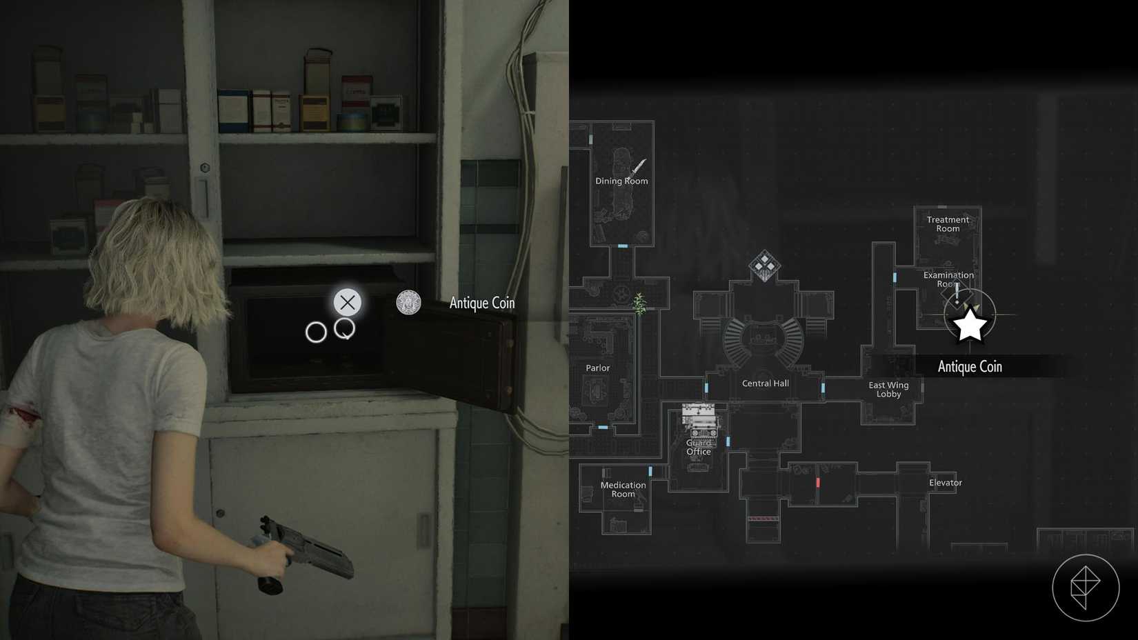 A montage of two Resident Evil Requiem images showing the location of the Antique Coin number 18,19, and 20