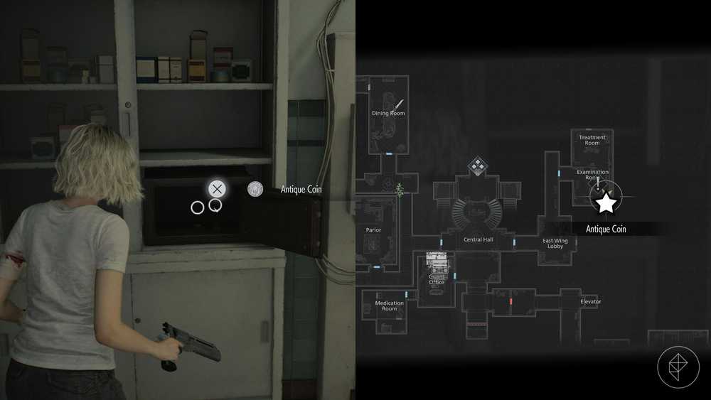 Uma montagem de duas imagens de Resident Evil Requiem mostrando a localização das moedas antigas número 18,19 e 20