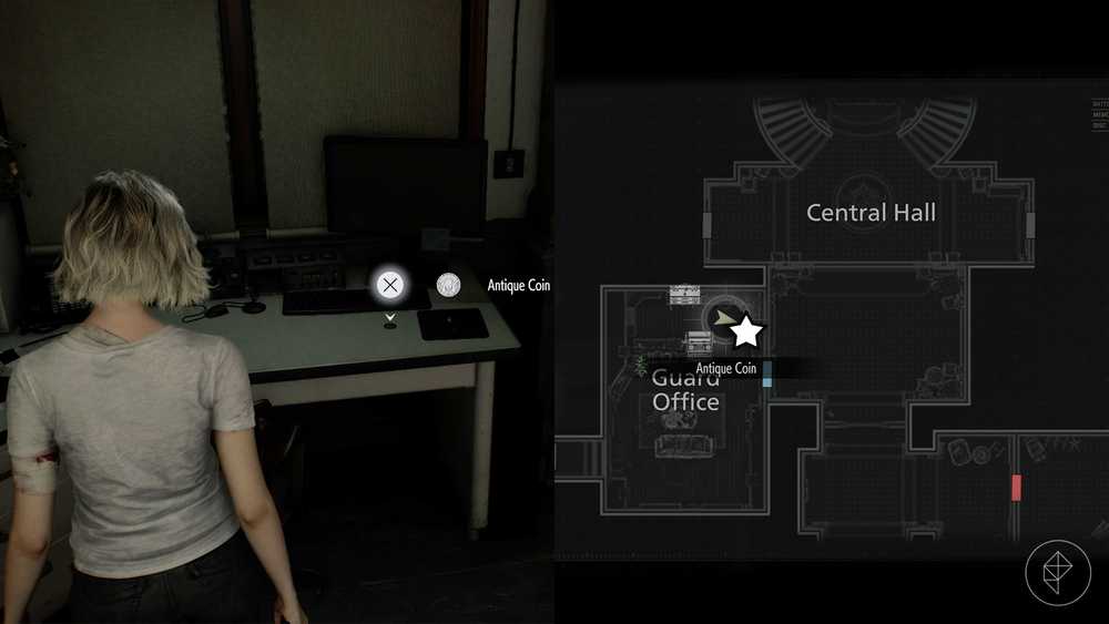 Uma montagem de duas imagens de Resident Evil Requiem mostrando a localização da Moeda Antiga número 2