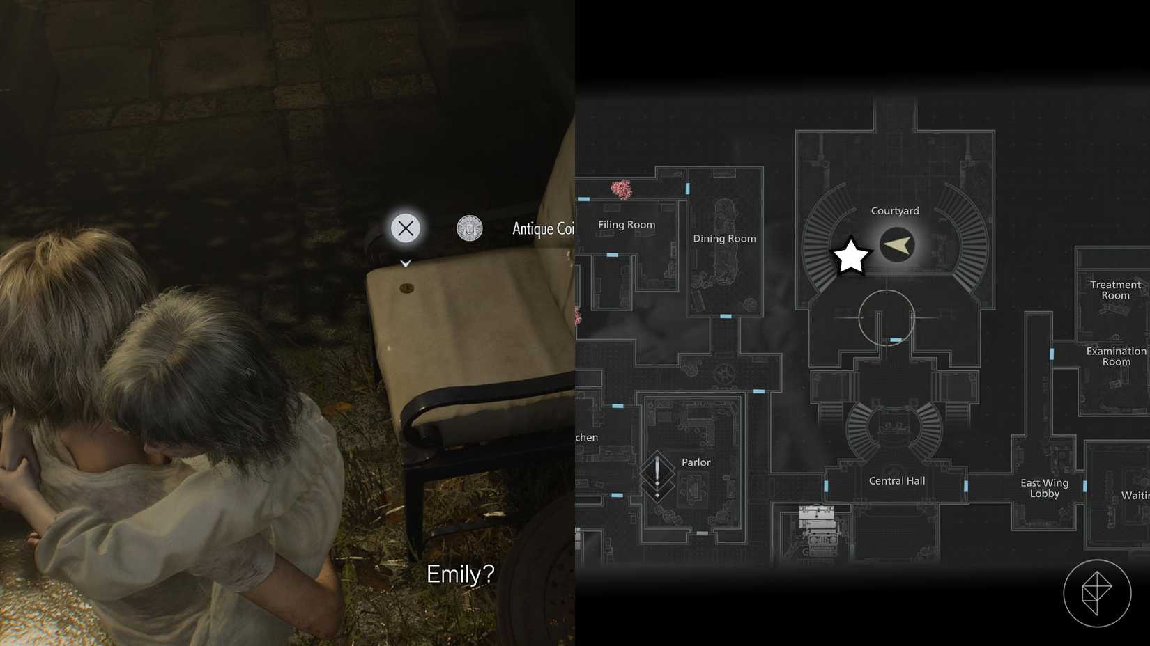 A montage of two Resident Evil Requiem images showing the location of the Antique Coin number 21