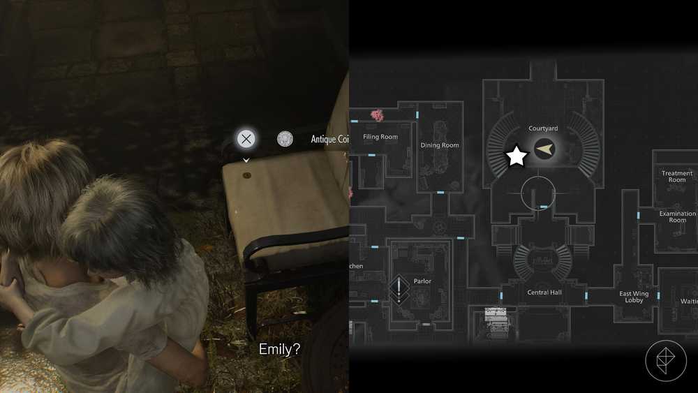 Uma montagem de duas imagens de Resident Evil Requiem mostrando a localização da Moeda Antiga número 21