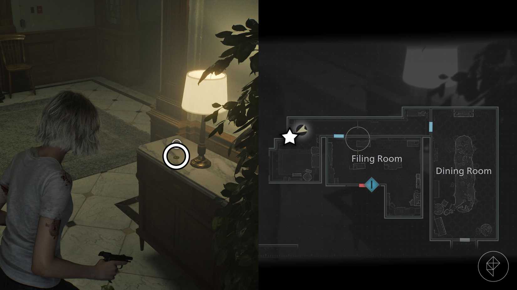 A montage of two Resident Evil Requiem images showing the location of the Antique Coin number 3