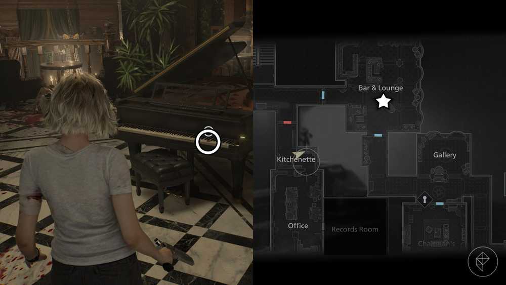 Uma montagem de duas imagens de Resident Evil Requiem mostrando a localização da Moeda Antiga número 4