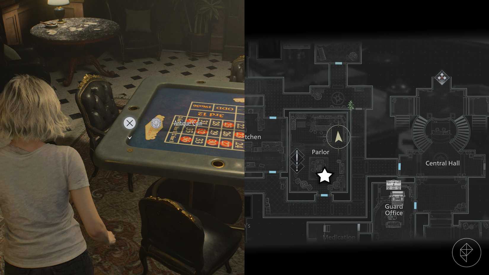 A montage of two Resident Evil Requiem images showing the location of the Antique Coin number 5