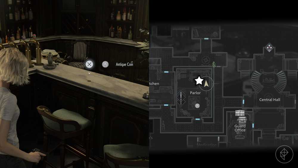 Uma montagem de duas imagens de Resident Evil Requiem mostrando a localização da Moeda Antiga número 6