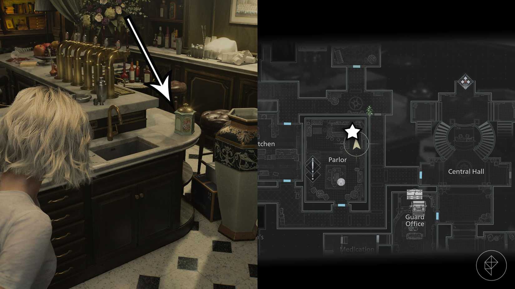 A montage of two Resident Evil Requiem images showing the location of the Antique Coin number 7