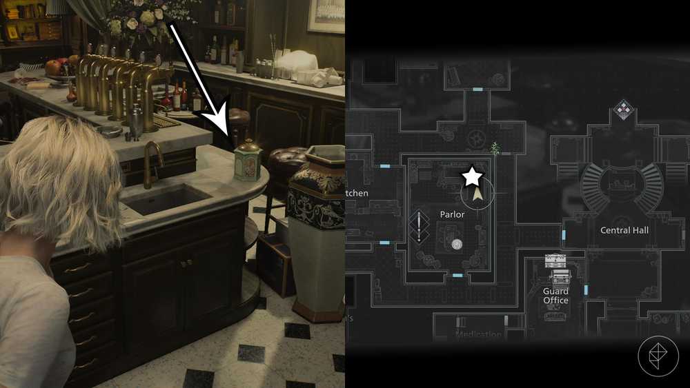 Uma montagem de duas imagens de Resident Evil Requiem mostrando a localização da Moeda Antiga número 7
