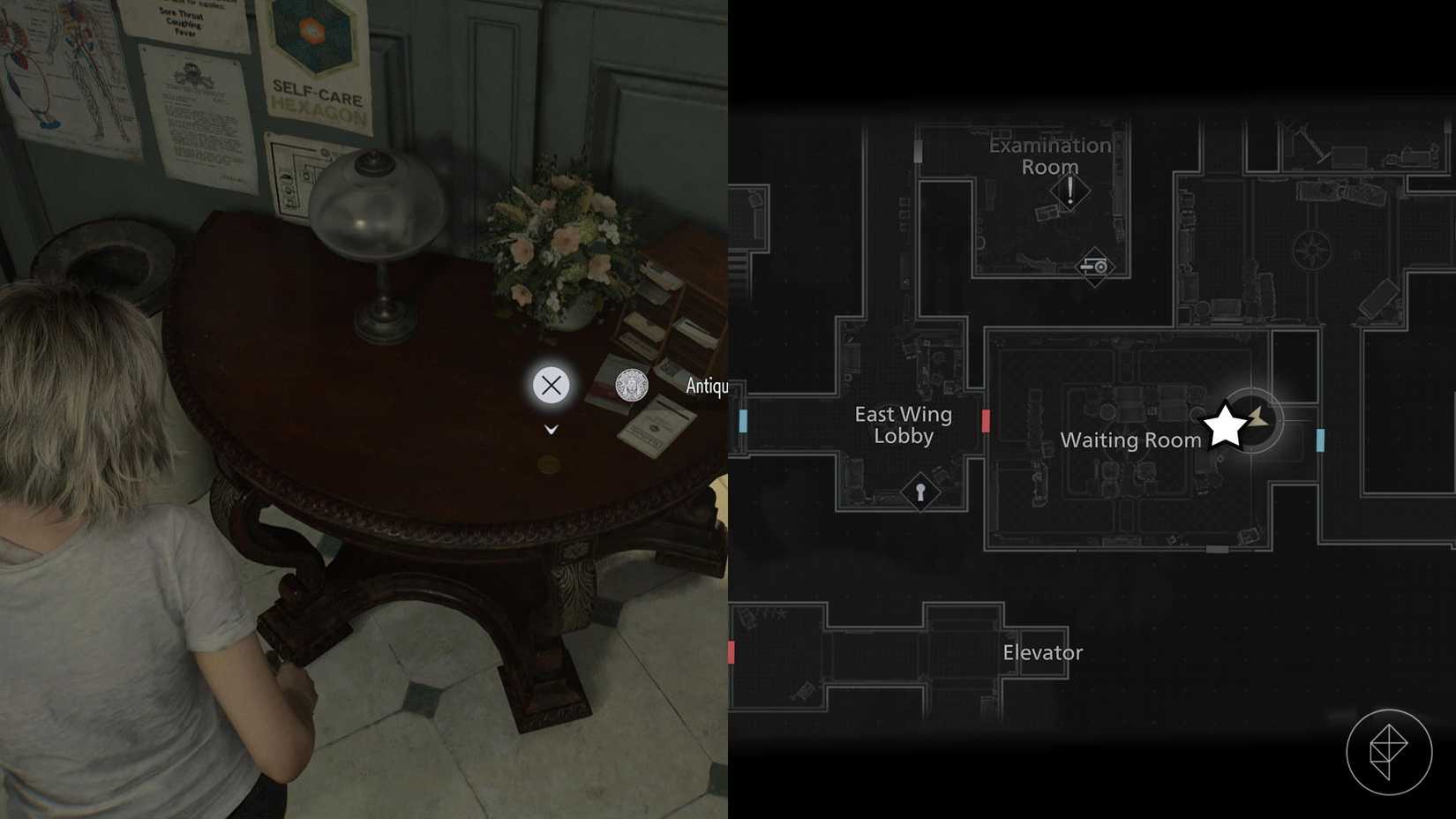 A montage of two Resident Evil Requiem images showing the location of the Antique Coin number 8