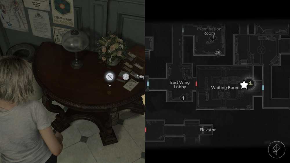 Uma montagem de duas imagens de Resident Evil Requiem mostrando a localização da Moeda Antiga número 8