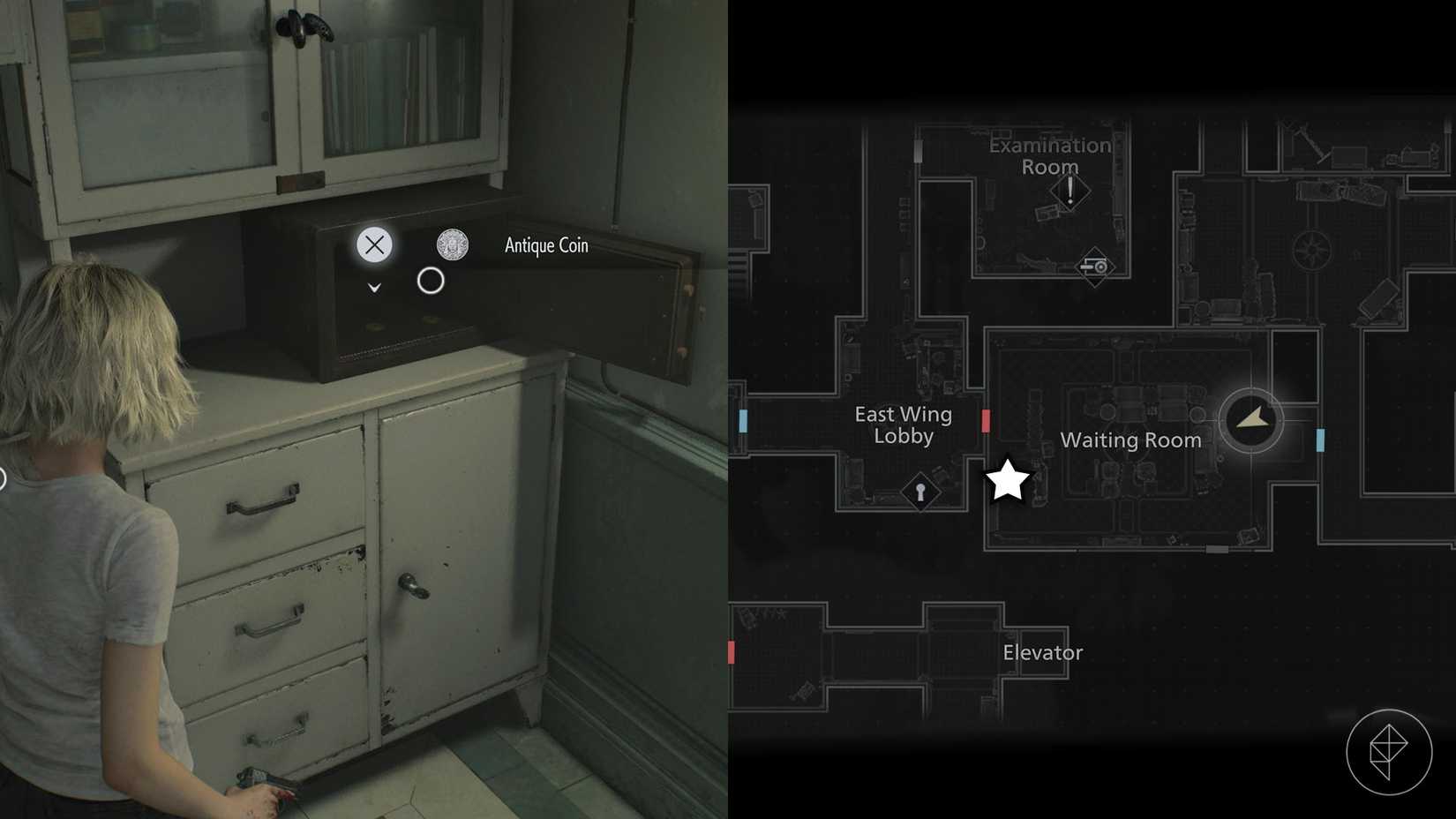 A montage of two Resident Evil Requiem images showing the location of the Antique Coin number 9 and 10
