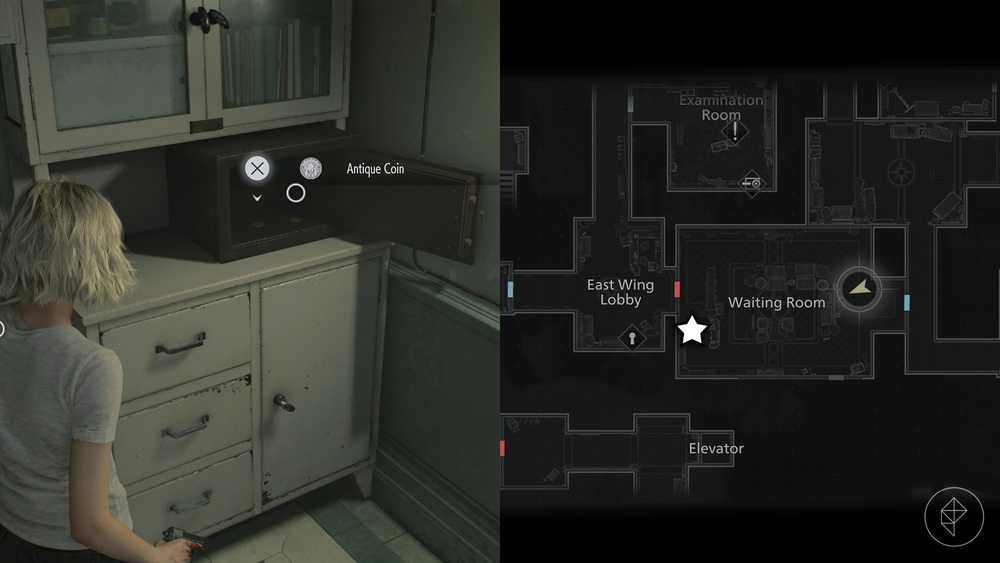 Uma montagem de duas imagens de Resident Evil Requiem mostrando a localização das Moedas Antigas número 9 e 10