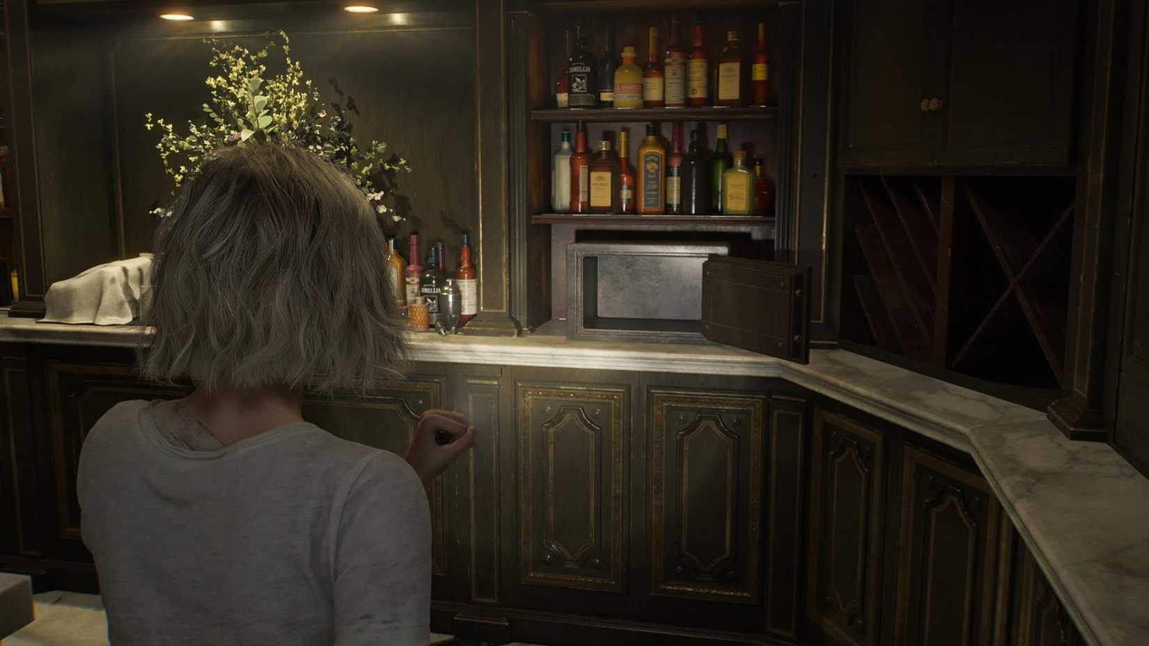 A Resident Evil Requiem screenshot showing Grace looking at the safe in the Bar and Lounge room