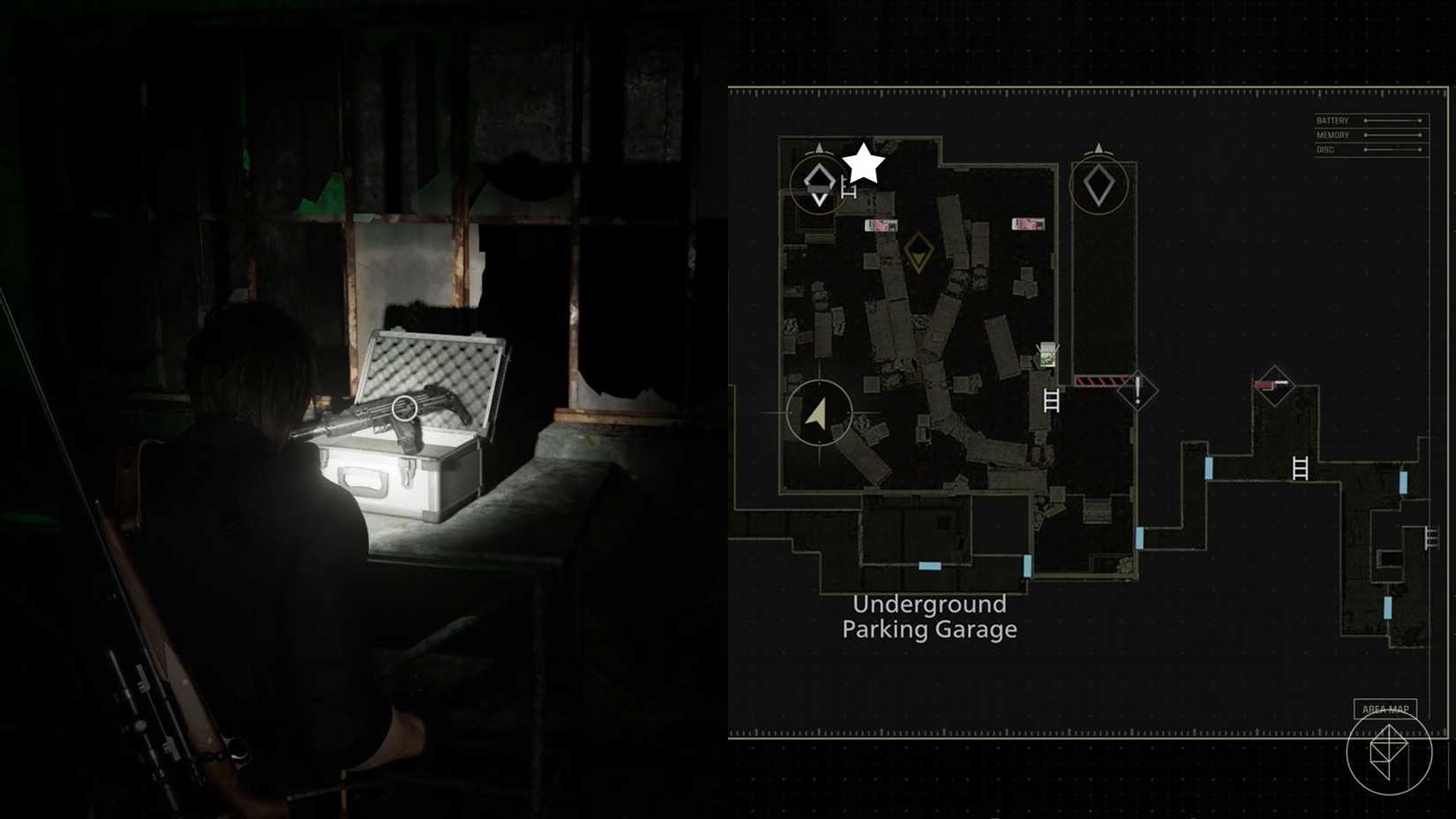 A montage of two Resident Evil Requiem images showing the location of the Gal SMG