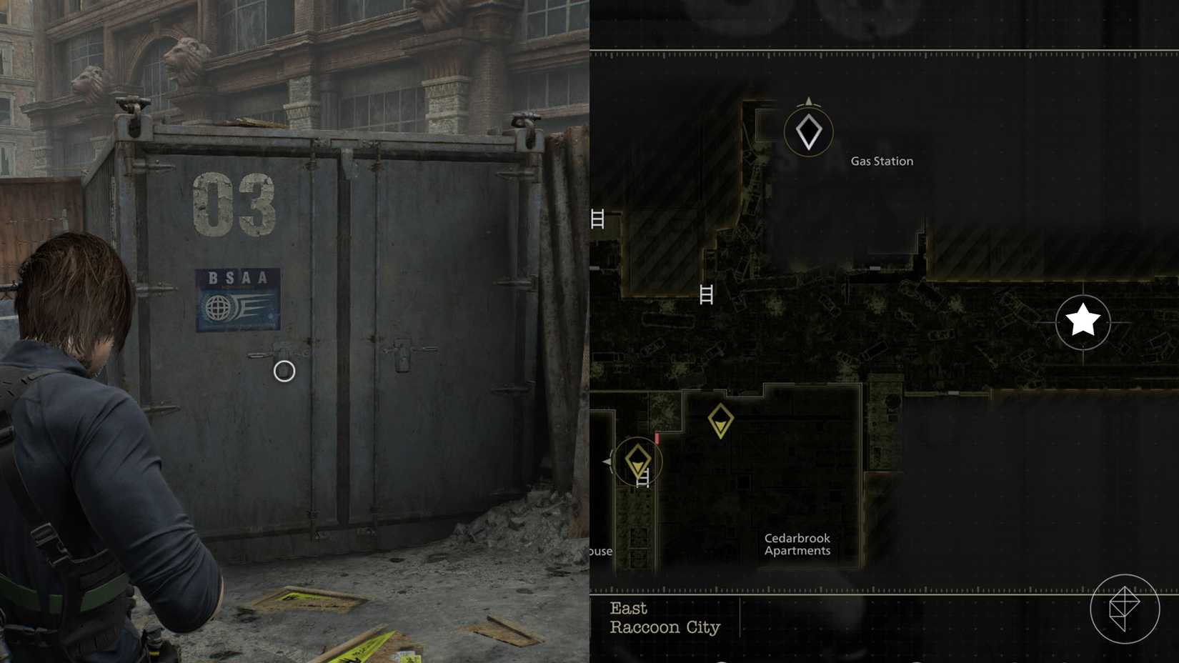 A montage of two Resident Evil Requiem images showing the location of the sniper rifle Marksman 1A