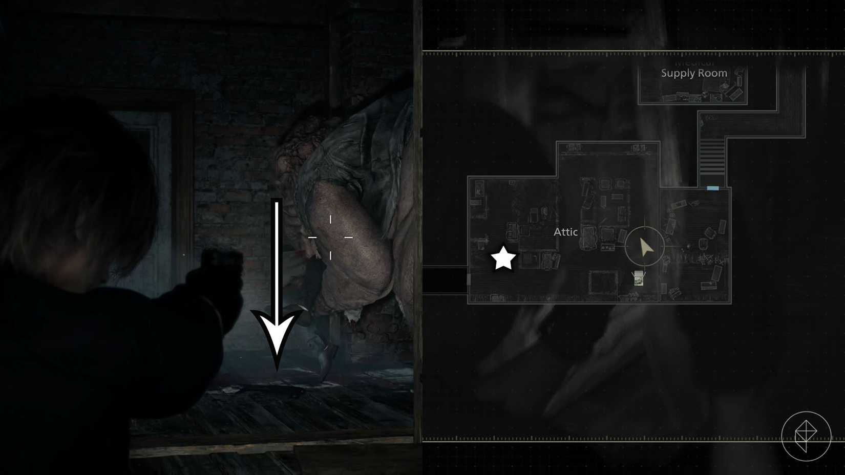 A montage of two Resident Evil Requiem images showing the location of the MSBG 500 Shotgun