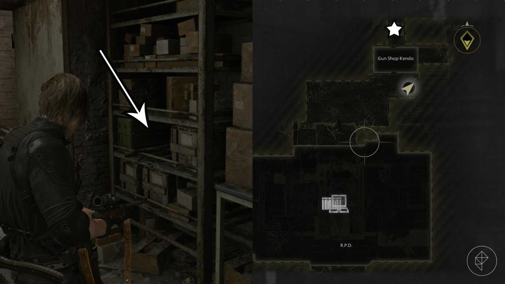 A montage using two Resident Evil Requiem screenshots to show the location of the W870 Police shotgun