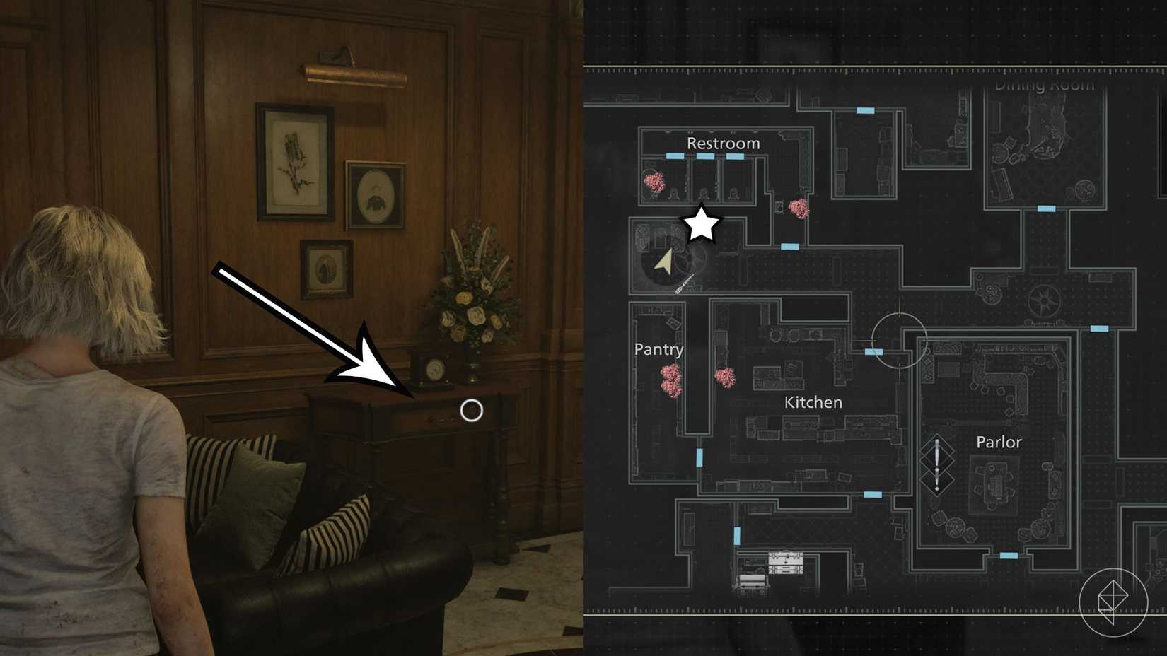 A montage of two Resident Evil Requiem images showing the second location that requires a lockpick