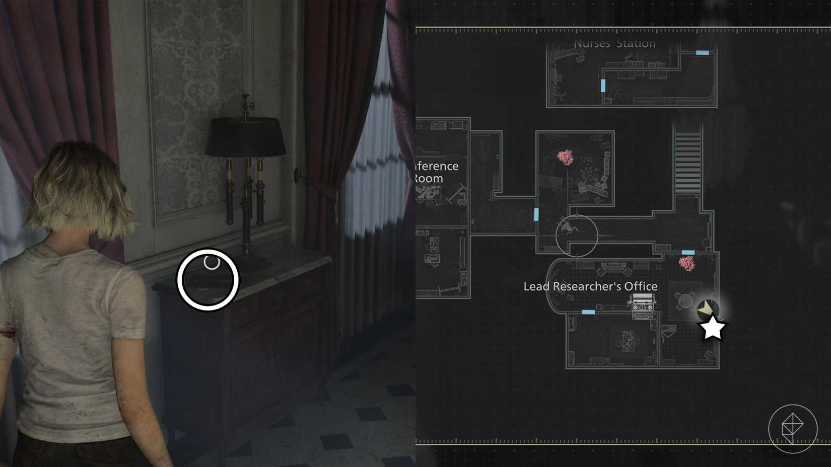 A montage of two Resident Evil Requiem images showing the location of the first lockpick