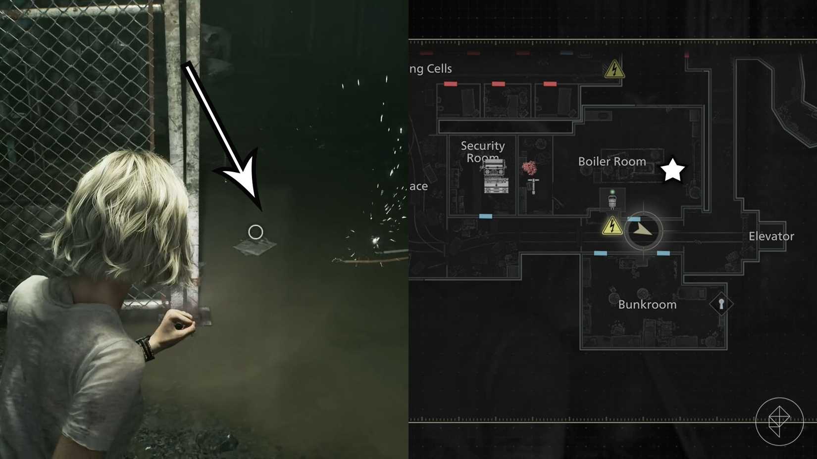 A montage of two Resident Evil Requiem images showing the location of the fourth lockpick in the game