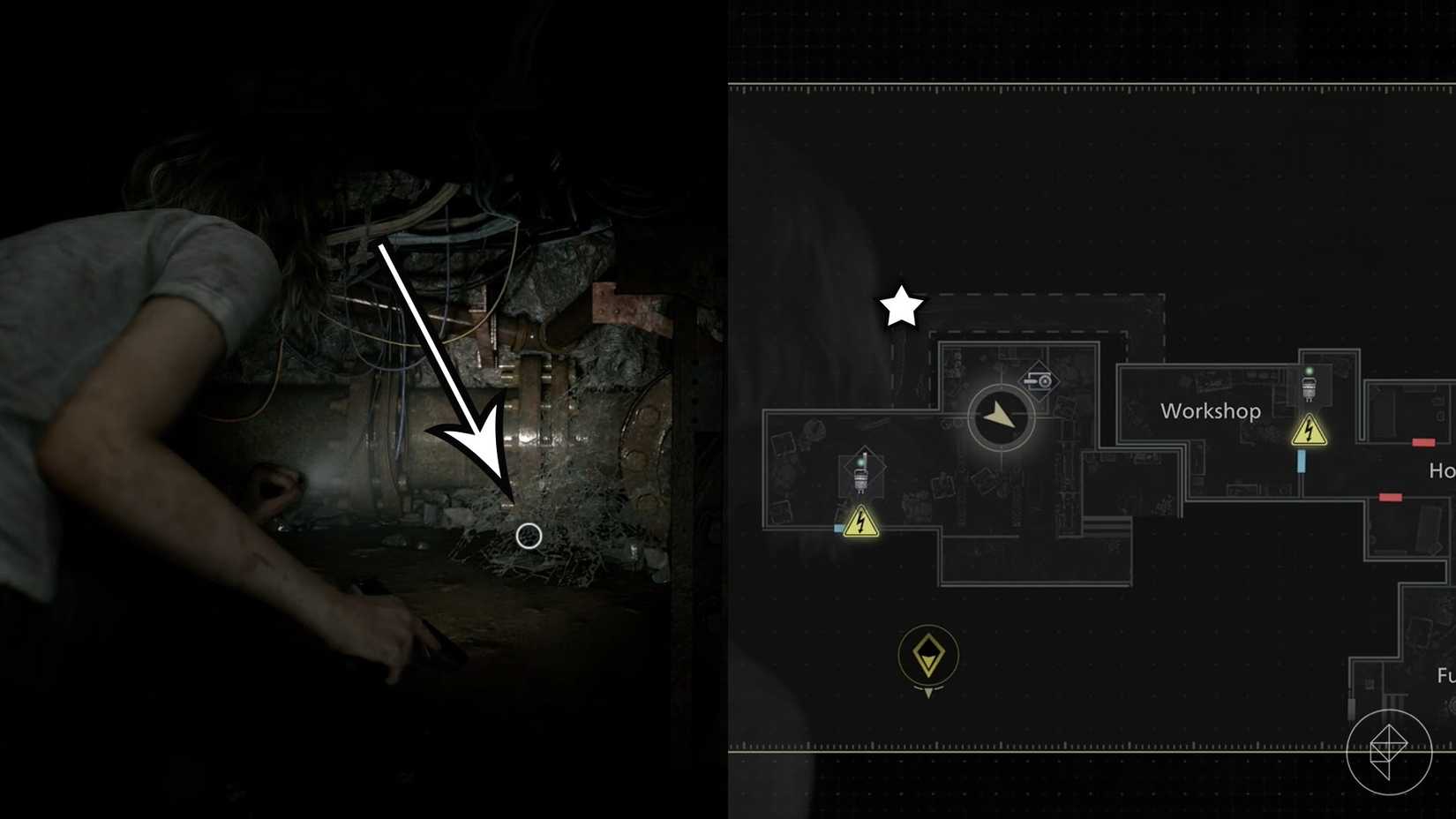 A montage of two Resident Evil Requiem images showing the location of the fifth lockpick in the game