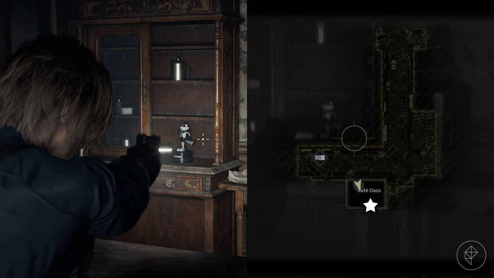 A montage of two Resident Evil Requiem images showing the location of the Mr. Raccoon statue number 11