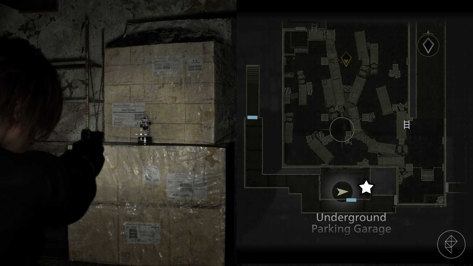 A montage of two Resident Evil Requiem images showing the location of the Mr. Raccoon statue number 13