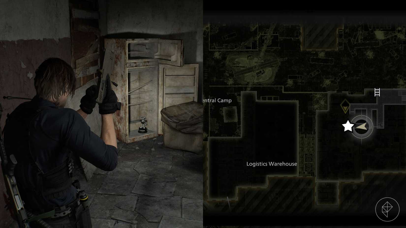 A montage of two Resident Evil Requiem images showing the location of the Mr. Raccoon statue number 14