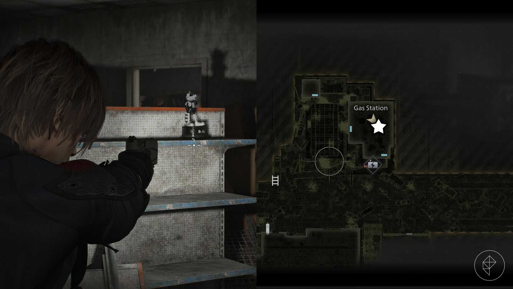 A montage of two Resident Evil Requiem images showing the location of the Mr. Raccoon statue number 16