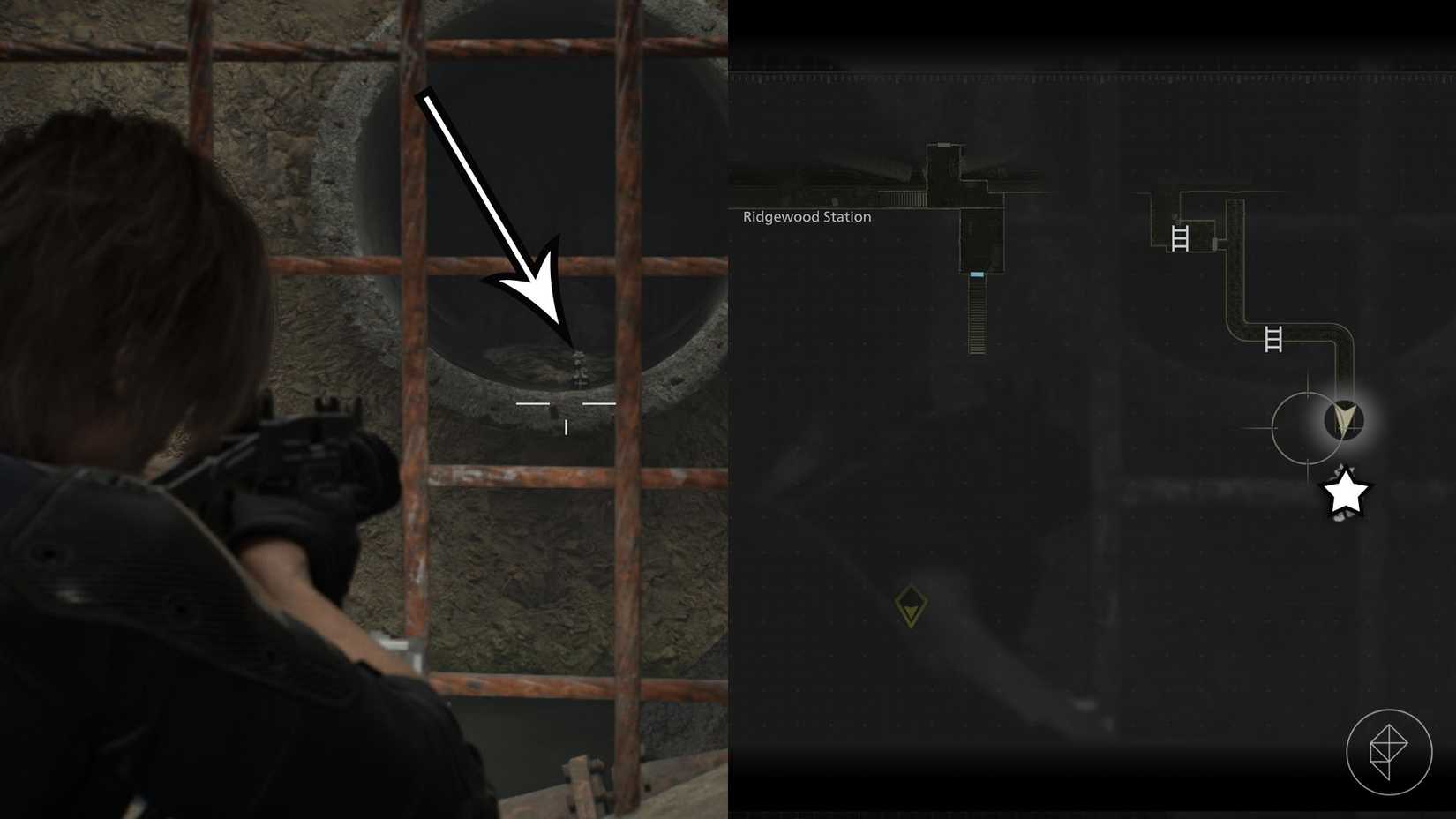 A montage of two Resident Evil Requiem images showing the location of the Mr. Raccoon statue number 17