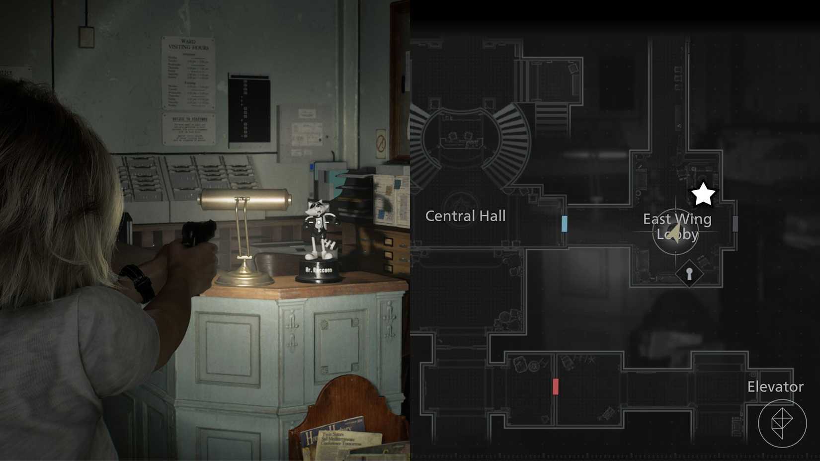 A montage of two Resident Evil Requiem images showing the location of the Mr. Raccoon statue number 2