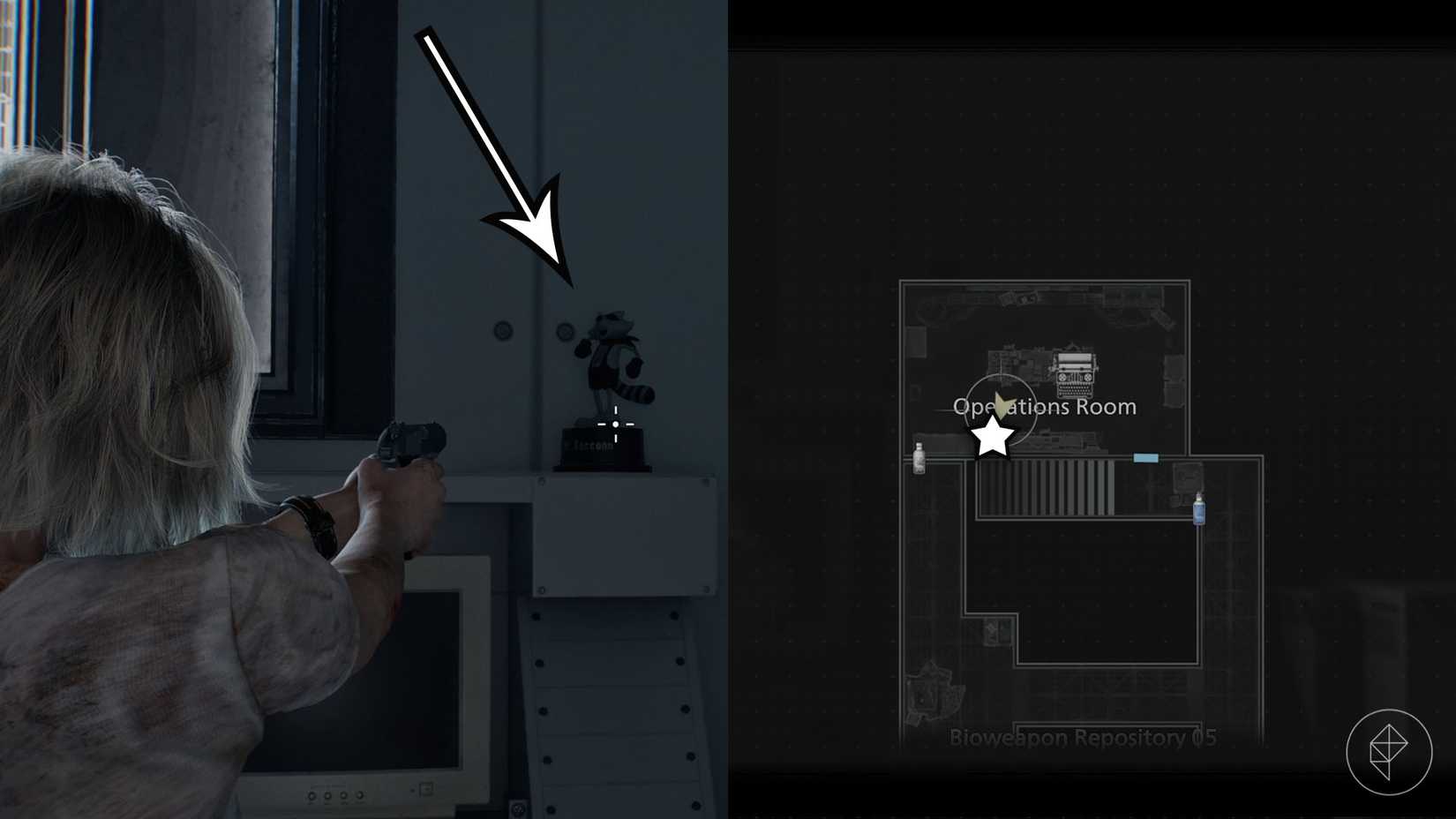 A montage of two Resident Evil Requiem images showing the location of the Mr. Raccoon statue number 25