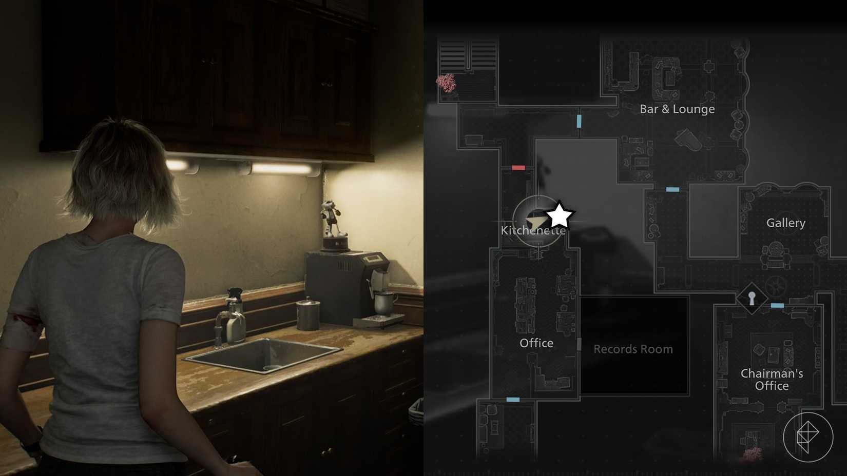 A montage of two Resident Evil Requiem images showing the location of the Mr. Raccoon statue number 4