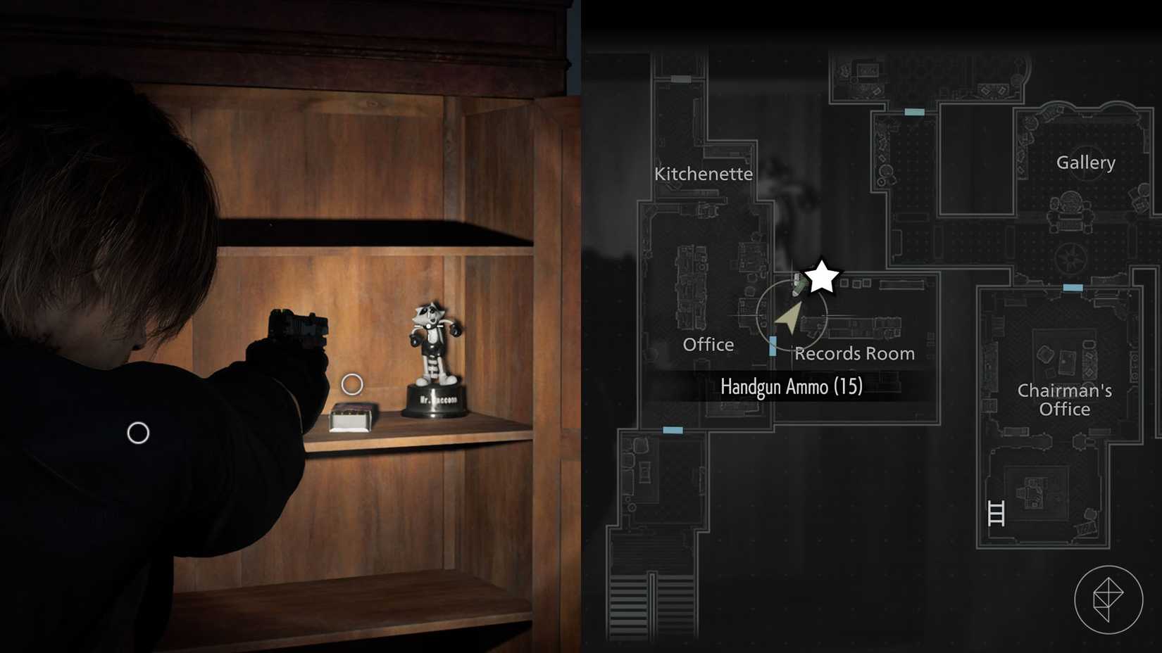 A montage of two Resident Evil Requiem images showing the location of the Mr. Raccoon statue number 5