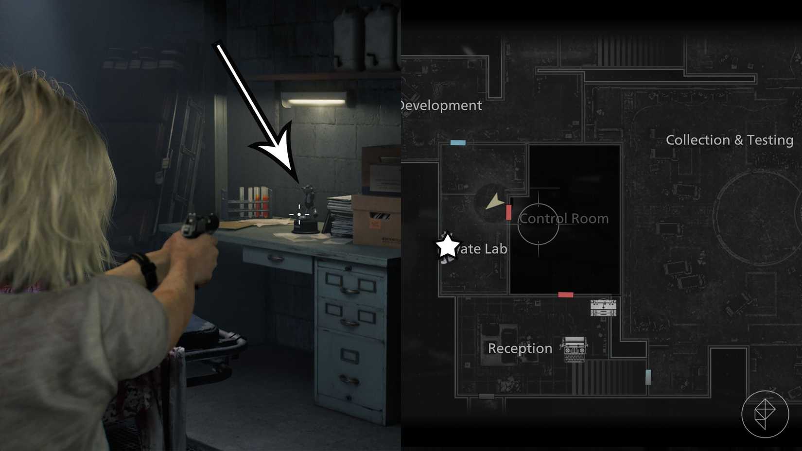 A montage of two Resident Evil Requiem images showing the location of the Mr. Raccoon statue number 10