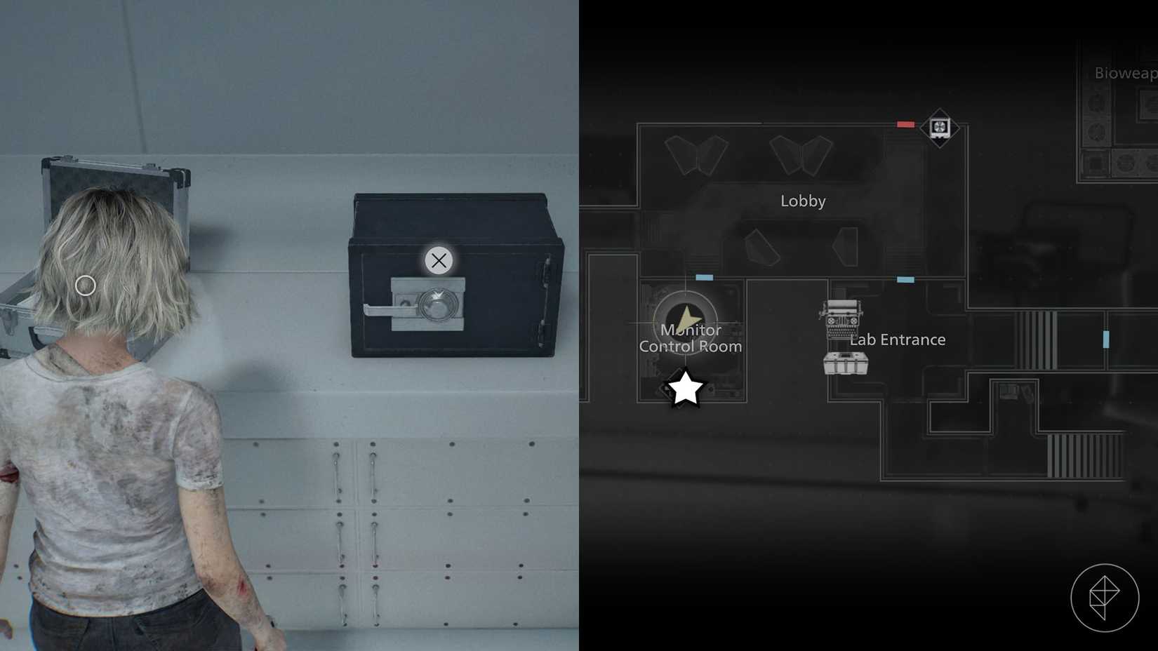 A montage using two Resident Evil Requiem screenshots showing the location of the Monitor Control Room safe