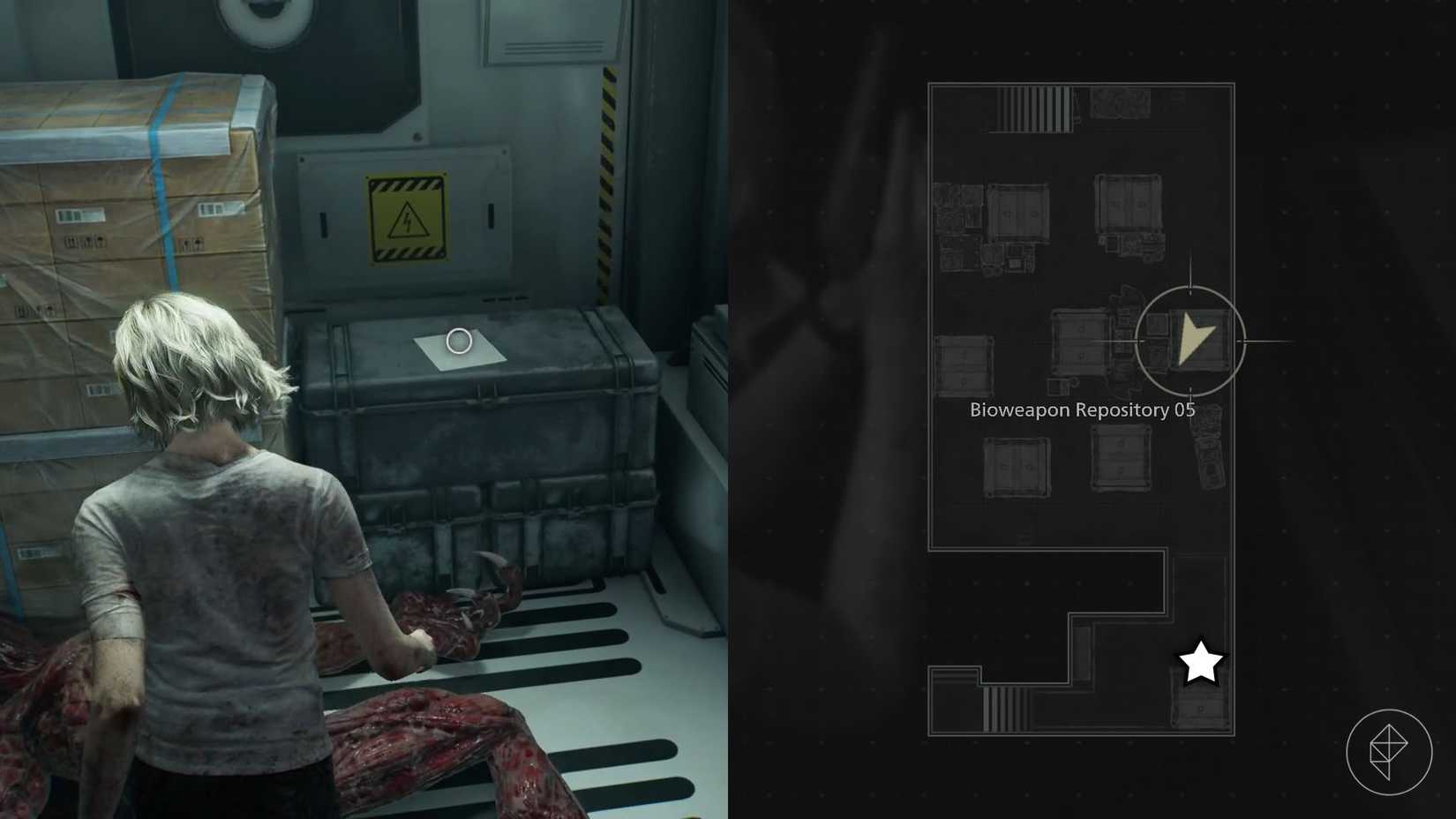 A montage of two Resident Evil Requiem screenshots showing the location of the document with the Sterilization Chamber safe code