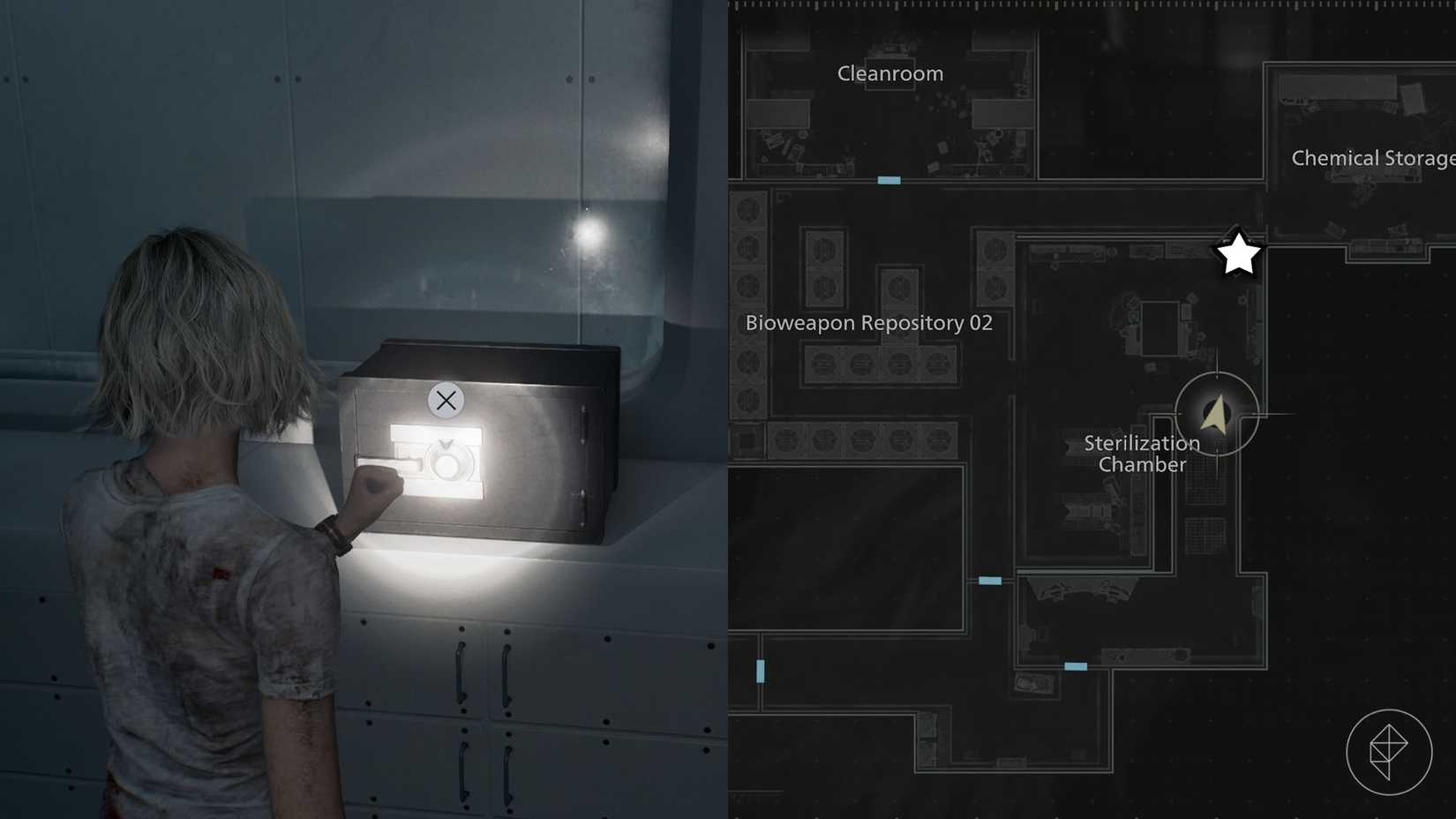 A montage of two Resident Evil Requiem screenshots showing the Sterilization Chamber safe