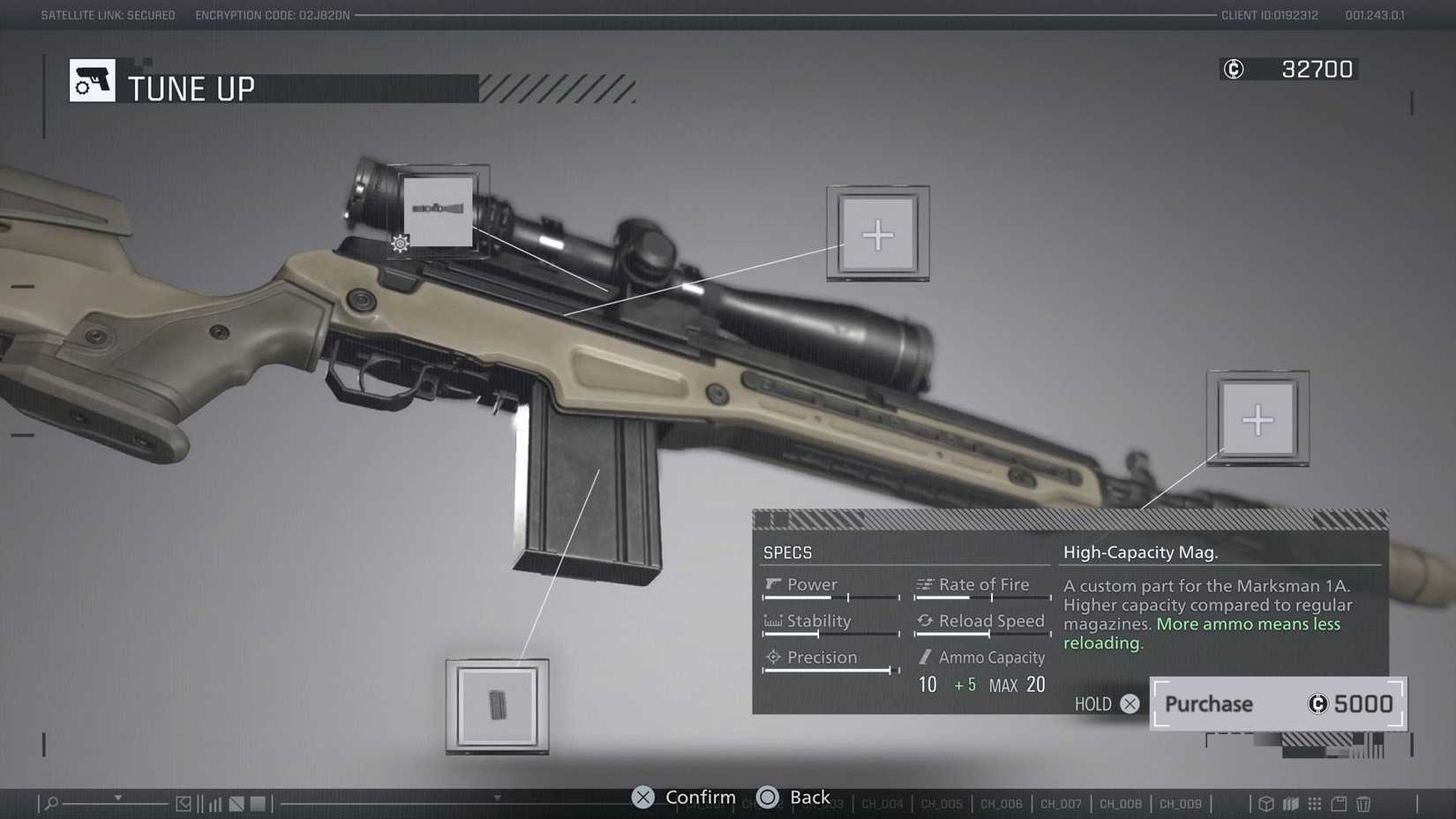 A Resident Evil Requiem screenshot showing the Tune Up screen where players can upgrade Leon's guns