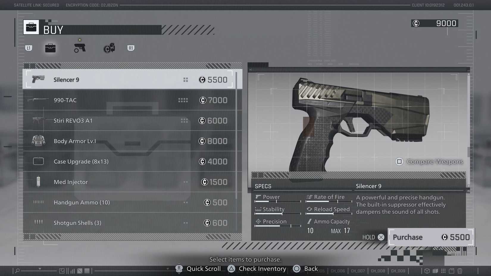 A Resident Evil Requiem screenshot showing the supply box store with some options of guns and upgrades for Leon