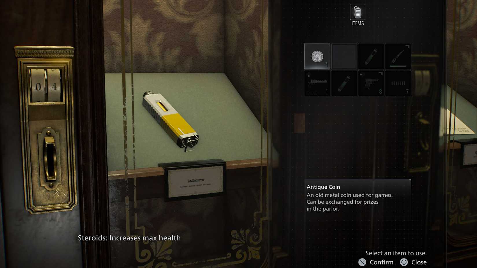 A Resident Evil Requiem screenshot showing the steroids injector