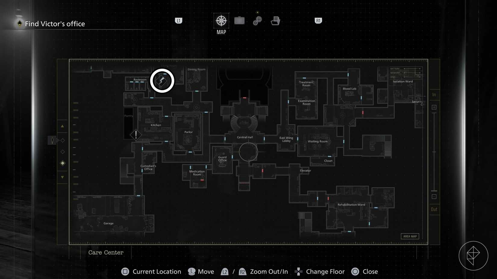 A montage using a Resident Evil Requiem screenshot of the in-game map to show the warped closet icon