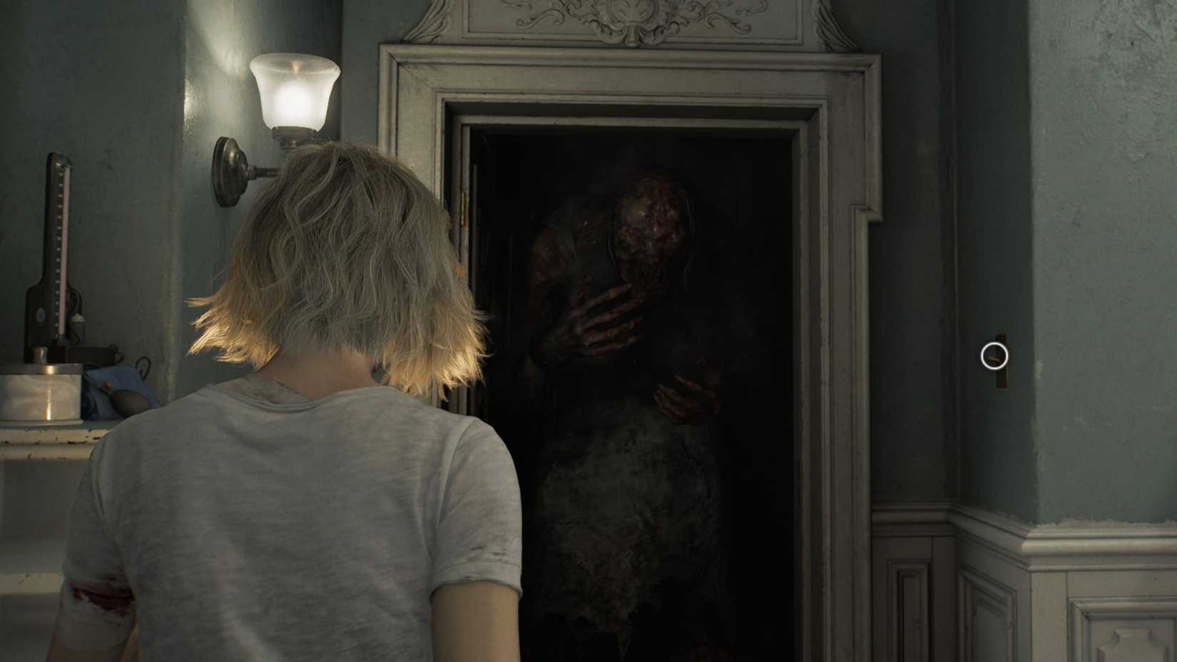 A Resident Evil Requiem screenshot showing Grace facing the Girl
