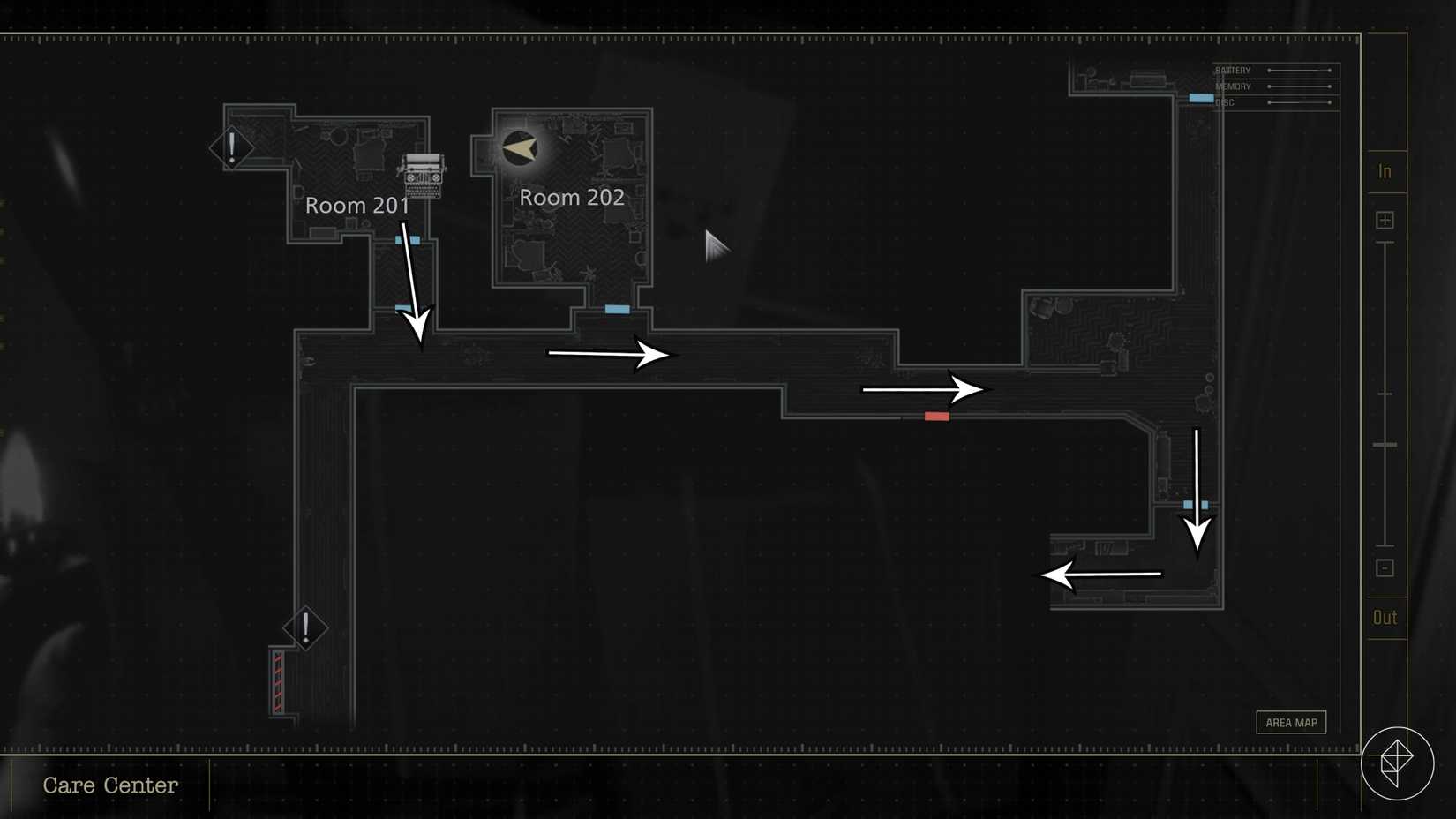 The path to the Nurse's Station at the Chronic Care Center in Resident Evil Requiem.